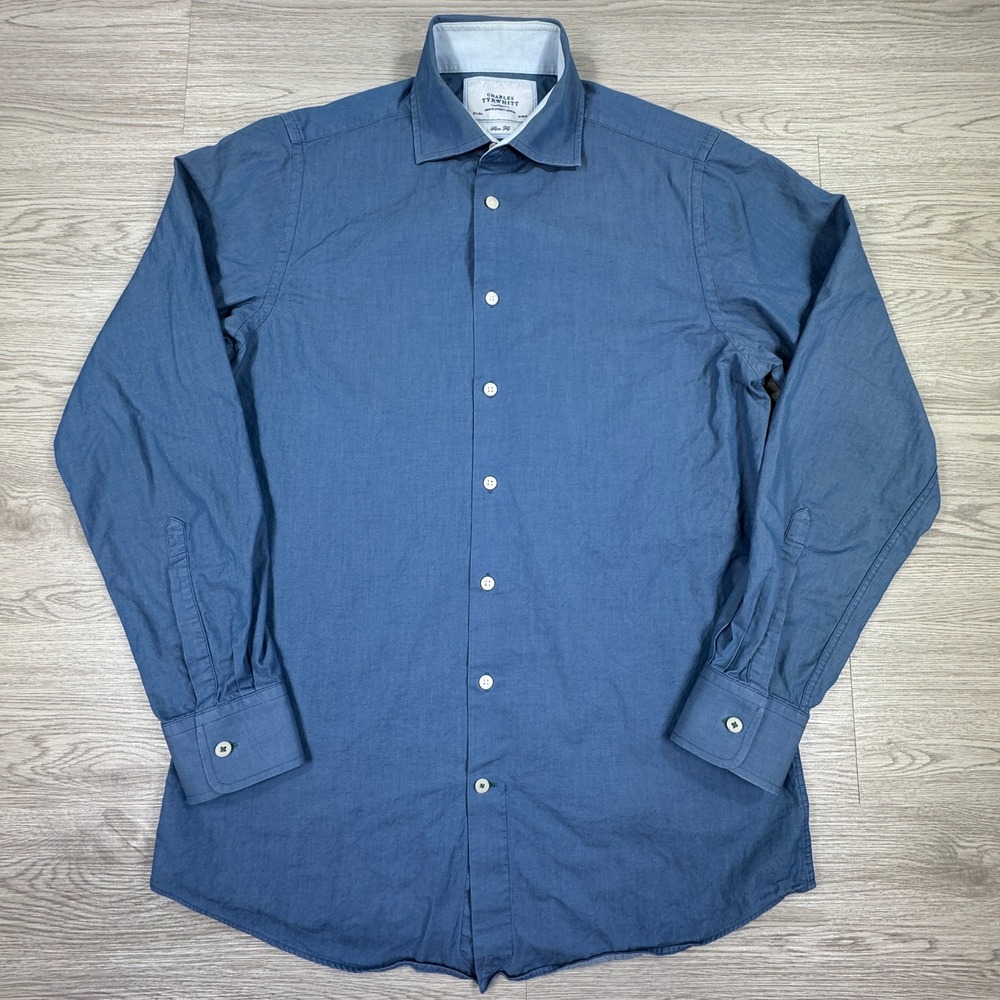 Charles Tyrwhitt Men's Dress Shirt Slim Fit Blue 15.5 35 Cotton Long Sleeve